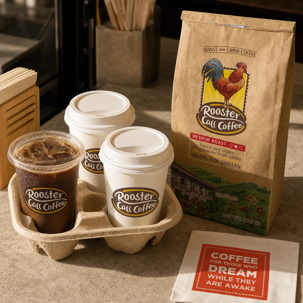 Sistema de identidad de Rooster Call Coffee y su símbolo del gallo.